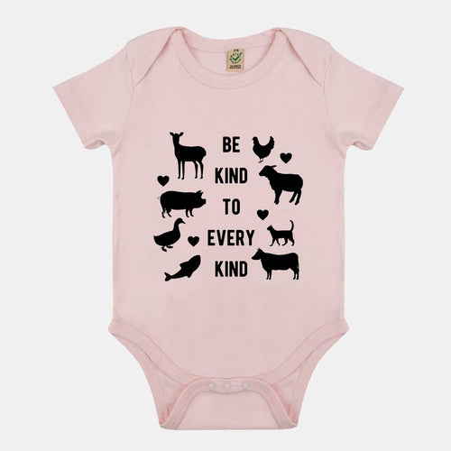 Be Kind To Every Kind Vegan Babygrow-Vegan Apparel, Vegan Clothing, Vegan Baby Onesie, EPB02-Vegan Outfitters-0-3 months-Powder Pink-Vegan Outfitters