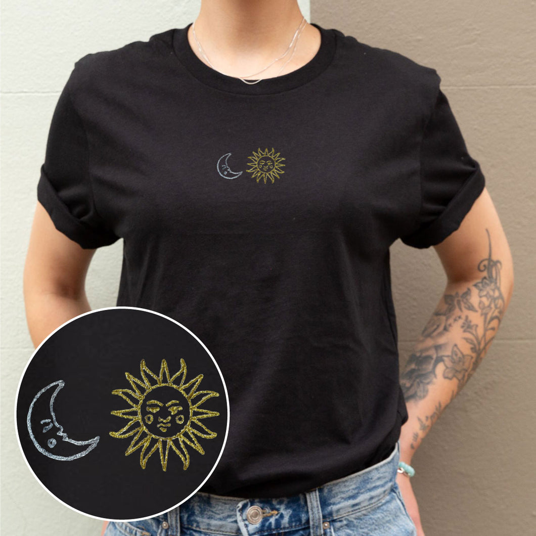 Embroidered Sun And Moon Ethical Vegan T-Shirt (Unisex)