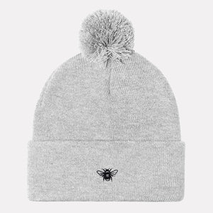 Tiny Embroidered Bumble Bee Pom Pom Beanie