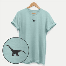 Laden Sie das Bild in den Galerie-Viewer, Winziges besticktes Dino Ethical Vegan T-Shirt (Unisex)
