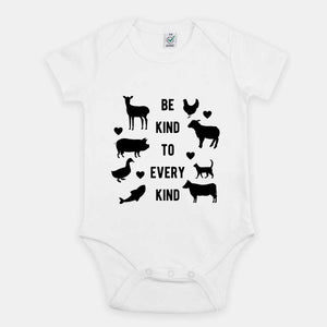 Be Kind To Every Kind Vegan Babygrow-Vegan Apparel, Vegan Clothing, Vegan Baby Onesie, EPB02-Vegan Outfitters-3-6 months-White-Vegan Outfitters