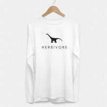Laden Sie das Bild in den Galerie-Viewer, Long Sleeve Herbivore Dinosaur Ethical Vegan T-Shirt (Mens)-Vegan Apparel, Vegan Clothing, Vegan Long Sleeve T Shirt, Shuffler-Vegan Outfitters-Large-White-Vegan Outfitters