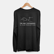 Laden Sie das Bild in den Galerie-Viewer, Long Sleeve The Only Difference is Your Perception Ethical Vegan T-Shirt (Mens)-Vegan Apparel, Vegan Clothing, Vegan Long Sleeve T Shirt, Shuffler-Vegan Outfitters-Small-Black-Vegan Outfitters