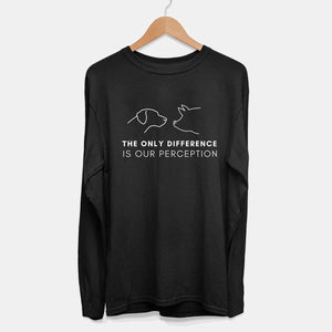 Long Sleeve The Only Difference is Your Perception Ethical Vegan T-Shirt (Mens)-Vegan Apparel, Vegan Clothing, Vegan Long Sleeve T Shirt, Shuffler-Vegan Outfitters-Small-Black-Vegan Outfitters