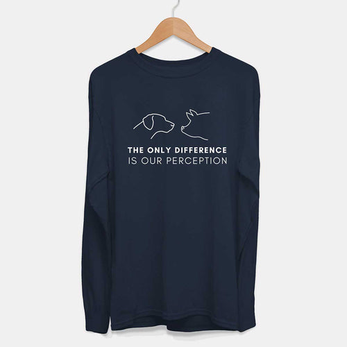 Long Sleeve The Only Difference is Your Perception Ethical Vegan T-Shirt (Mens)-Vegan Apparel, Vegan Clothing, Vegan Long Sleeve T Shirt, Shuffler-Vegan Outfitters-Small-French Navy-Vegan Outfitters