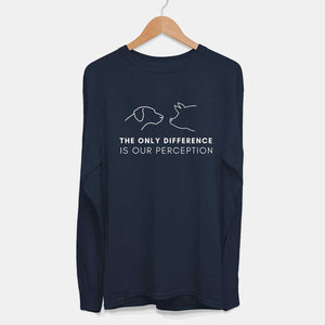 Long Sleeve The Only Difference is Your Perception Ethical Vegan T-Shirt (Mens)-Vegan Apparel, Vegan Clothing, Vegan Long Sleeve T Shirt, Shuffler-Vegan Outfitters-Small-French Navy-Vegan Outfitters