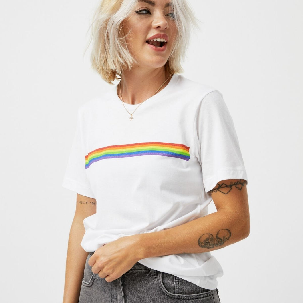 Pride Flag Stripe LGBTQ+ Pride T-Shirt (Unisex)-Vegan Apparel, Vegan Clothing, Vegan T Shirt, BC3001-Vegan Outfitters-X-Small-White-Vegan Outfitters
