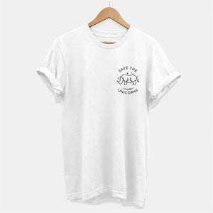 Save The Chubby Unicorns Corner Ethical Vegan T-Shirt (Unisex)-Vegan Apparel, Vegan Clothing, Vegan T Shirt, BC3001-Vegan Outfitters-X-Small-White-Vegan Outfitters