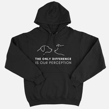 Load image into Gallery viewer, The Only Difference Is Perception Ethical Vegan Hoodie (Unisex)-Vegan Apparel, Vegan Clothing, Vegan Hoodie JH001-Vegan Outfitters-X-Small-Black-Vegan Outfitters