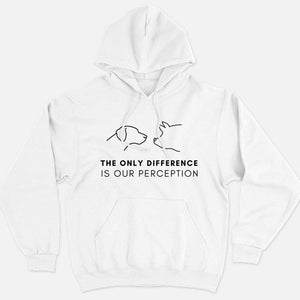 The Only Difference Is Perception Ethical Vegan Hoodie (Unisex)-Vegan Apparel, Vegan Clothing, Vegan Hoodie JH001-Vegan Outfitters-X-Small-White-Vegan Outfitters
