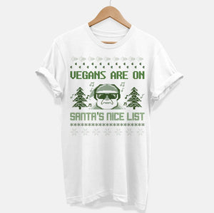 Vegans Are On Santa's Nice List Vegan Christmas T-Shirt (Unisex)-Vegan Apparel, Vegan Clothing, Vegan T Shirt-Vegan Outfitters-X-Small-White-Vegan Outfitters