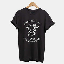Laden Sie das Bild in den Galerie-Viewer, What is Love? Baby Don&#39;t Herd Me - Ethical Vegan T-Shirt (Unisex)-Vegan Apparel, Vegan Clothing, Vegan T Shirt, BC3001-Vegan Outfitters-X-Small-Black-Vegan Outfitters