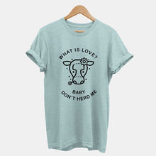 Load image into Gallery viewer, What is Love? Baby Don&#39;t Herd Me - Ethical Vegan T-Shirt (Unisex)-Vegan Apparel, Vegan Clothing, Vegan T Shirt, BC3001-Vegan Outfitters-X-Small-Dusty Blue-Vegan Outfitters